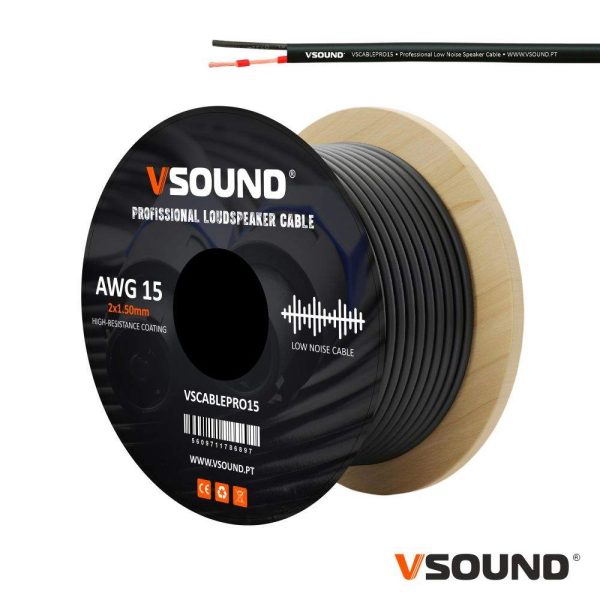 Cabo Coluna Profissional 2x1.50mm² Preto Redondo VSOUND - (VSCABLEPRO15)