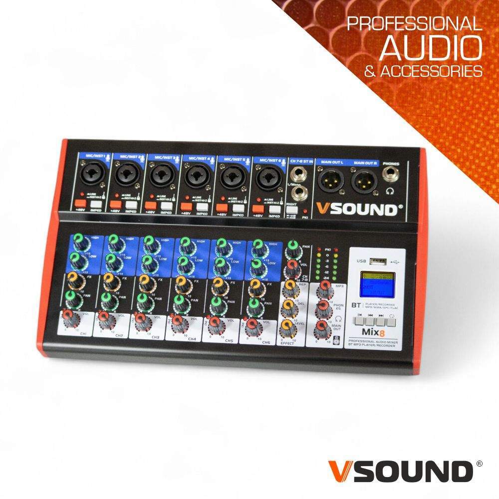 Mesa De Mistura 8 Canais C/ BT/LCD/USB/PC/PHANTOM VSOUND - (VSMIX8)